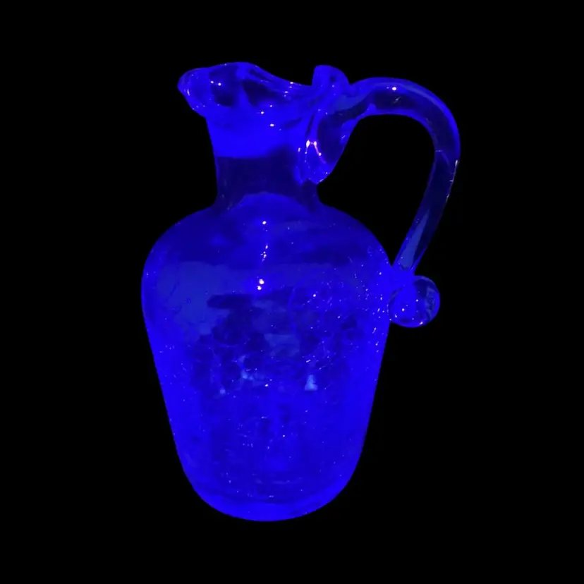 Crackle Glass Blue  4.5” Mini Glass Pitcher Vase Glows under a UV Light