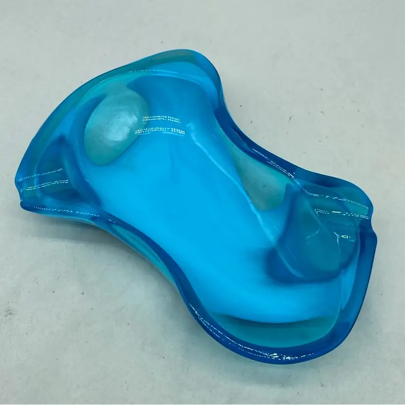 #0216 vintage 1960's Sasaki of Japan  art glass cased dish Blue Clear And Opaque Abstract Shape Ashtray 6 X 4.5 Inch