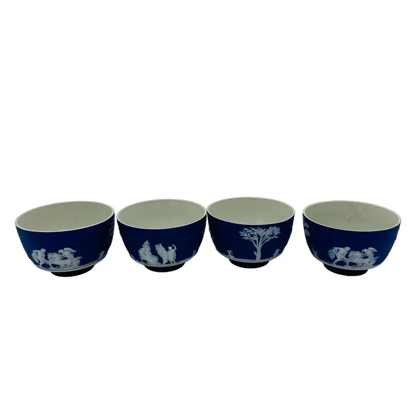 Wedgwood Jasperware Dipped Dark Blue 2” X 3.4” Footed Bowls 4 Pieces c.1930 Set