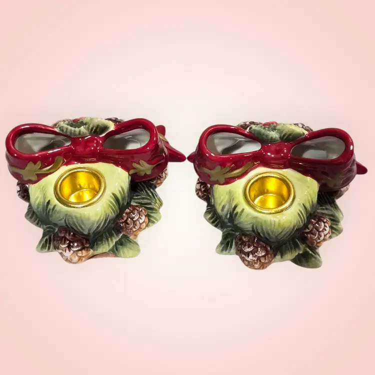 VTG Ceramic Christmas Wreath Candle Holders With Pinecones And Red Bow 3D