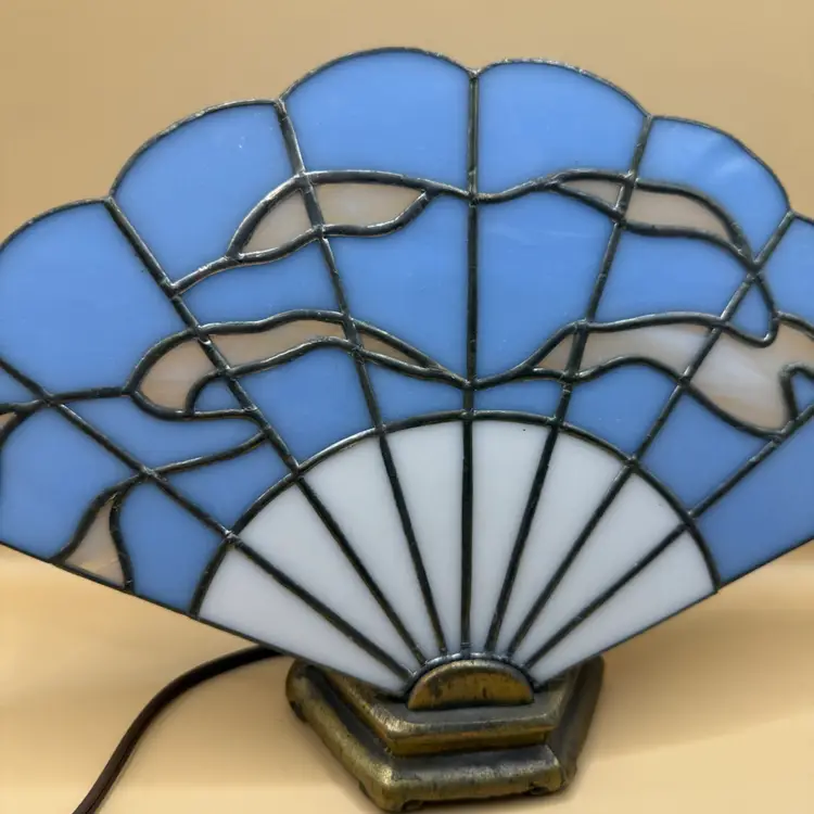 Art Deco Blue Sky Design Stained Glass Scalloped Fan Boudoir Lamp On Hex Ornate Brass Base 7x12” +7’ Cord