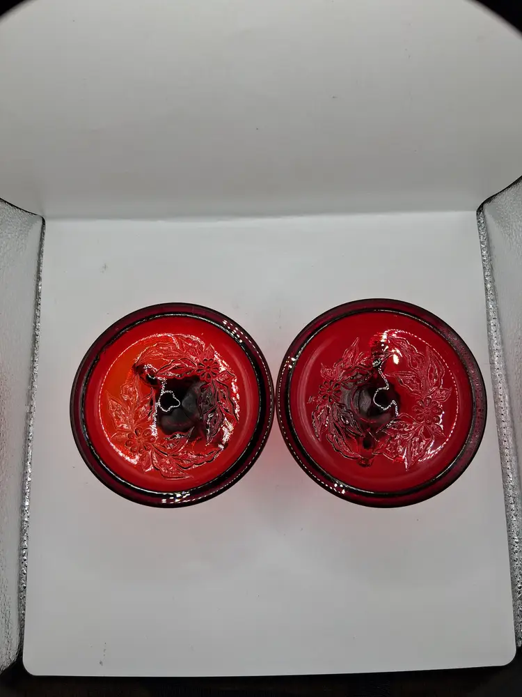 Vintage Fenton Ruby Red / Amberina Dolphin Pair of Single Taper Candlesticks