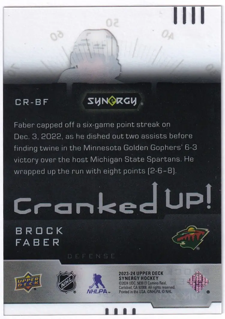 2023-24 Synergy Cranked Up Blue #CRBF Brock Faber Minnesota Wild Hockey Card