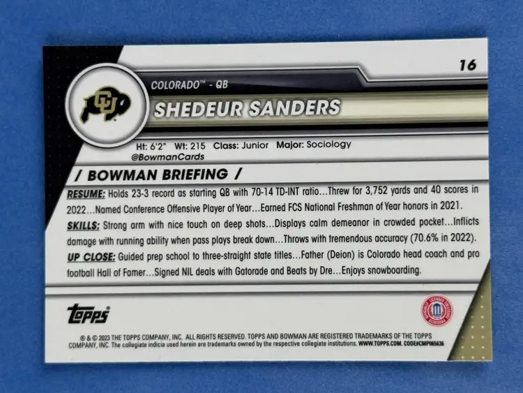 SHEDEUR SANDERS 2023 Bowman U Football 1st Bowman #16 Colorado Buffalos