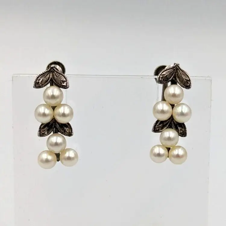 Sterling 950 Silver Genuine Pearl Screw Back Earrings Vintage Marked