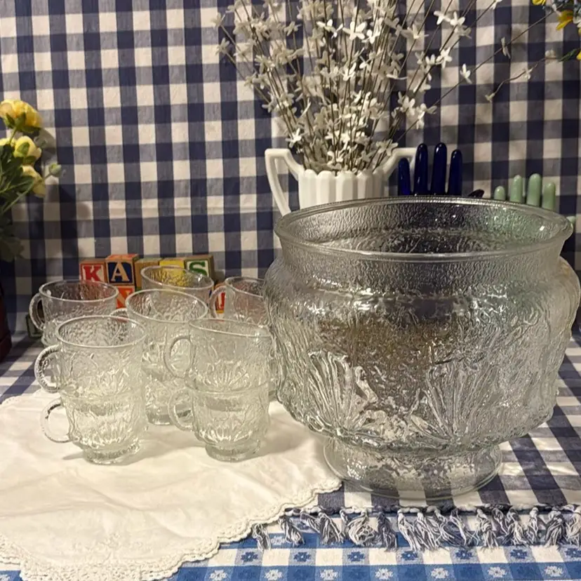 Vintage Anchor Hocking Rainforest Pattern Punch Serving Bowl & 12 Mugs