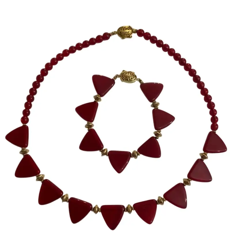 #11 Stunning Red Art Glass Necklace And Bracelet Set  17” Long Necklace And 7” Bracelet