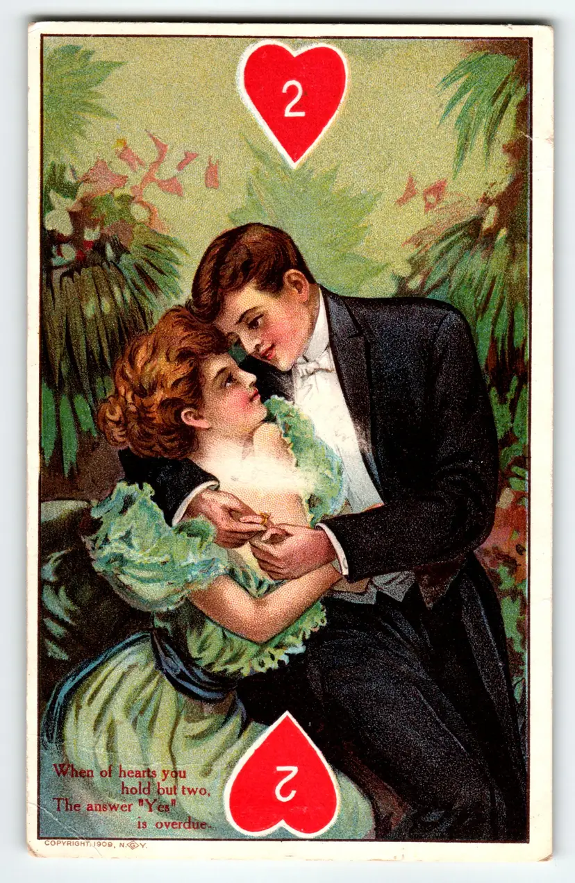 1909 Vintage Valentine Postcard Romantic Couple 2 of Hearts Overdue Answer Poem