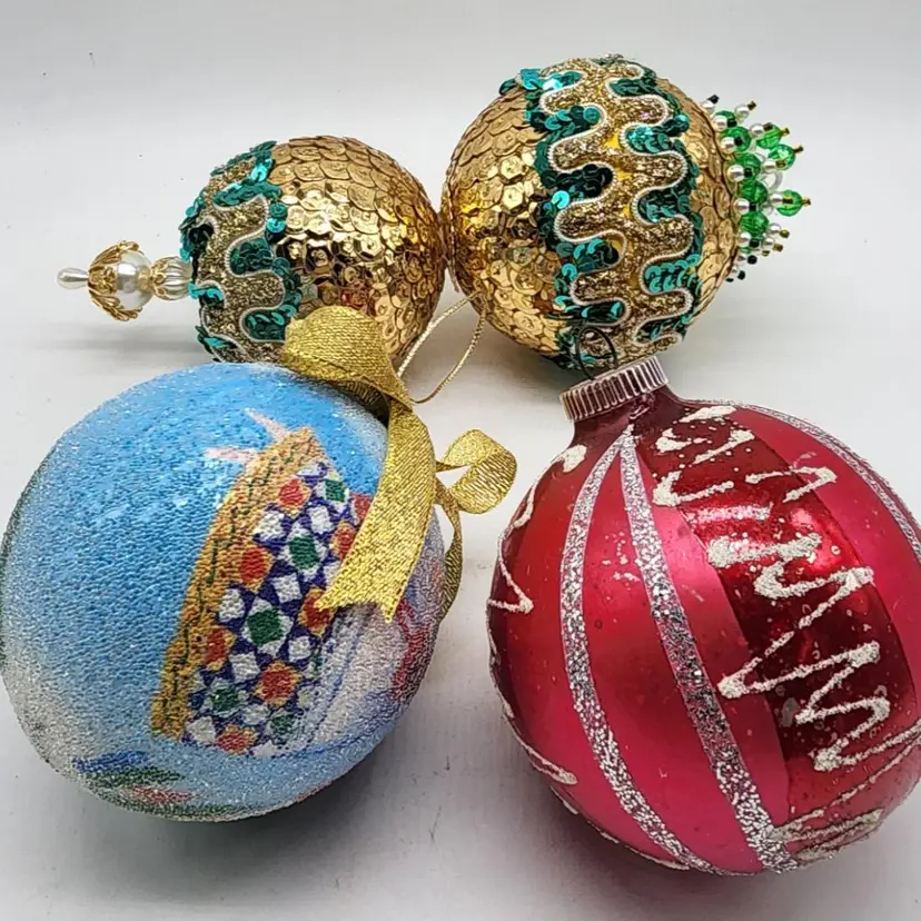 Vintage Handmade Sugar Beads Sequins Christmas Ball Ornament Assortment Set of 3