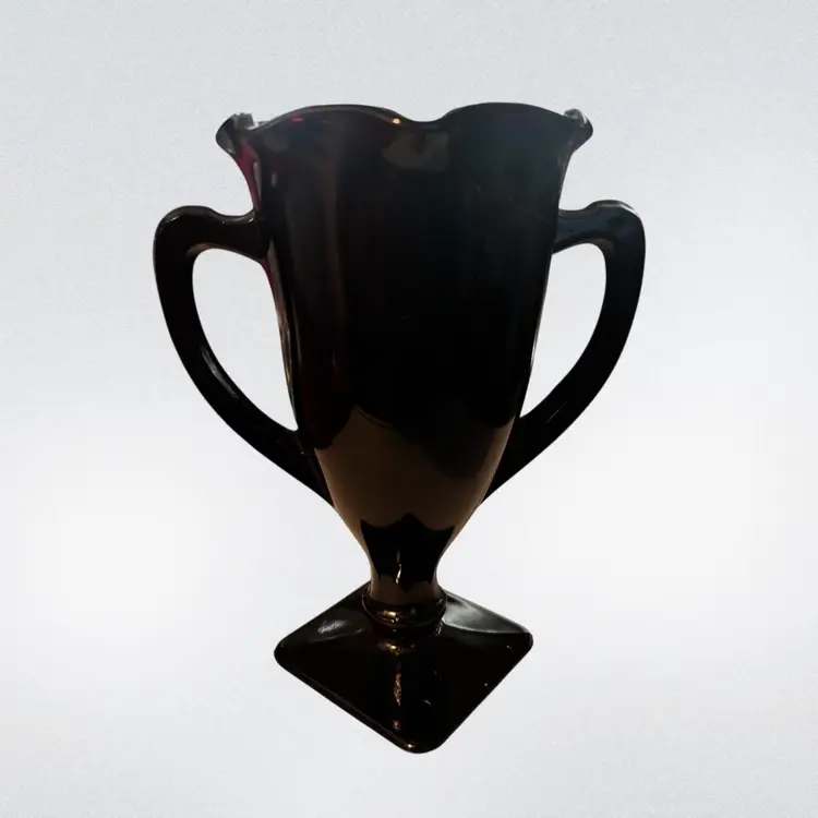 Vintage LE Smith 1930's Black Amethyst Glass Vase Dancing Nymphs Ruffled Edge 9”