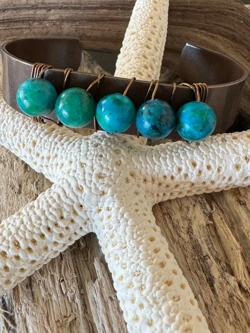 #5 Bronze Brass Cuff Bracelet Wrapped With Five Bright Turquoise Blue Color Howlite Beads