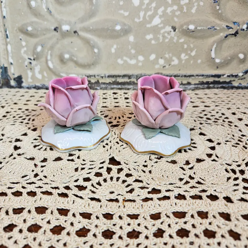 Pair of Vintage Dresden Ceramic Rose Taper Candlestick Holders