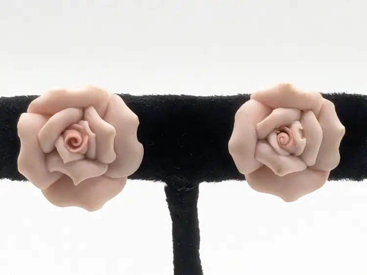 Vintage Blush Pink Ceramic Rose Clip-On Earrings