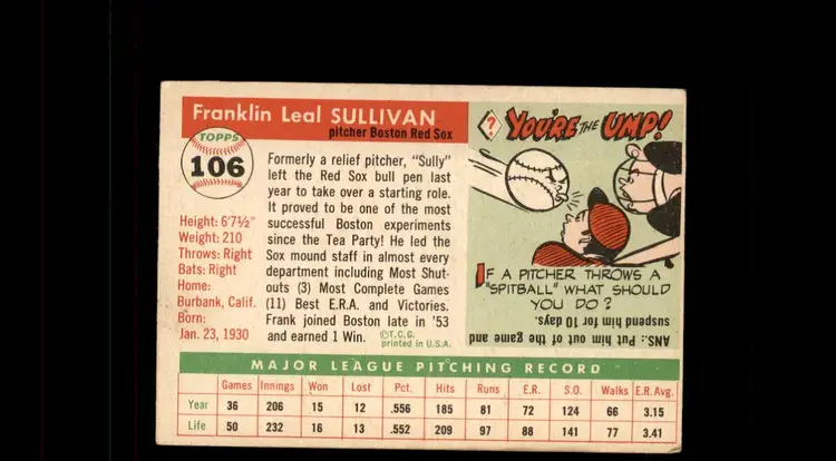 1955 Topps #106 Frank Sullivan - (pk-tl1) - Boston Red Sox