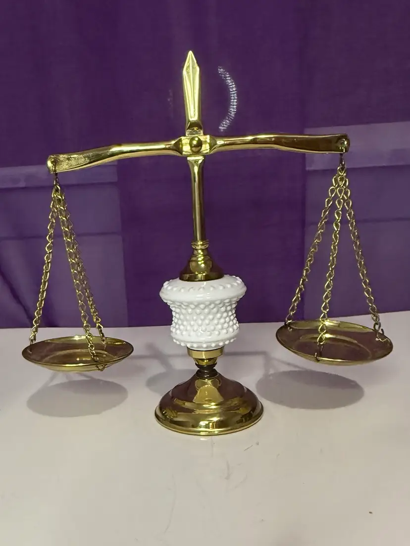 Vintage Mid-Century Hobnail Milk Glass & Brass "Scales of Justice"