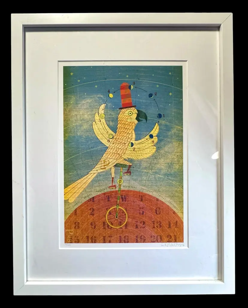 Signed MK Michael Mabry Framed Lithograph Print Parrot Bird Unicycle Moon 15/250