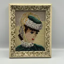 Vintage Lady Needlepoint Portrait In Frame 10”x7.5”