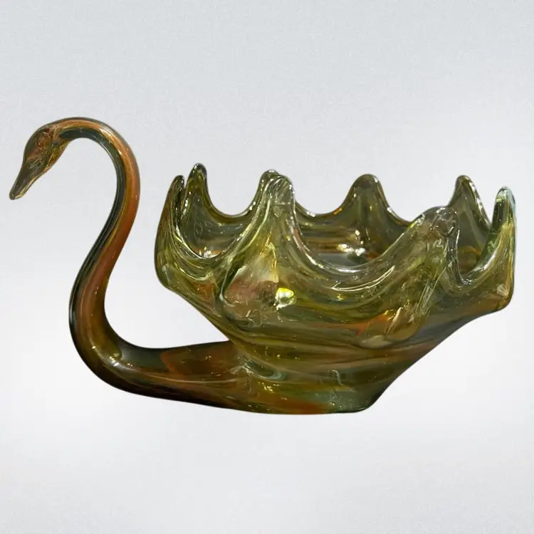 Large Ozark Art Glass Orange & Yellow Swan Console Dish *Cadmium Glow* ~7.5” x 12.5” x 9.5”