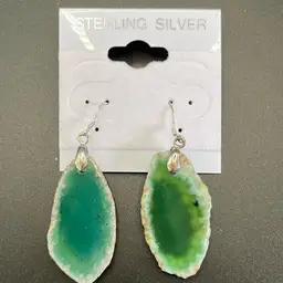 Green Agate Slice Earrings 925 Wires 2 1/4” Long
