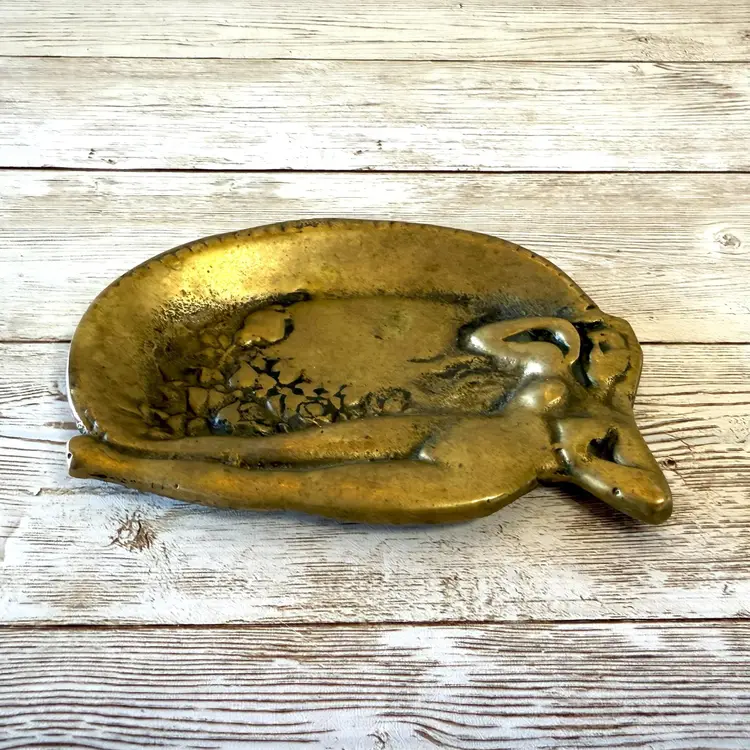 Vintage Art Nouveau Solid Brass Nude Woman Small Ashtray Trinket Dish