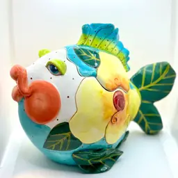 Diane ArtWare 2005 Floral Fish Kissing Flirty Big Puckered Lips Ceramic Biscuit Candy Cookie Jar Canister Lidded, Big Sky Clay Works, Signed