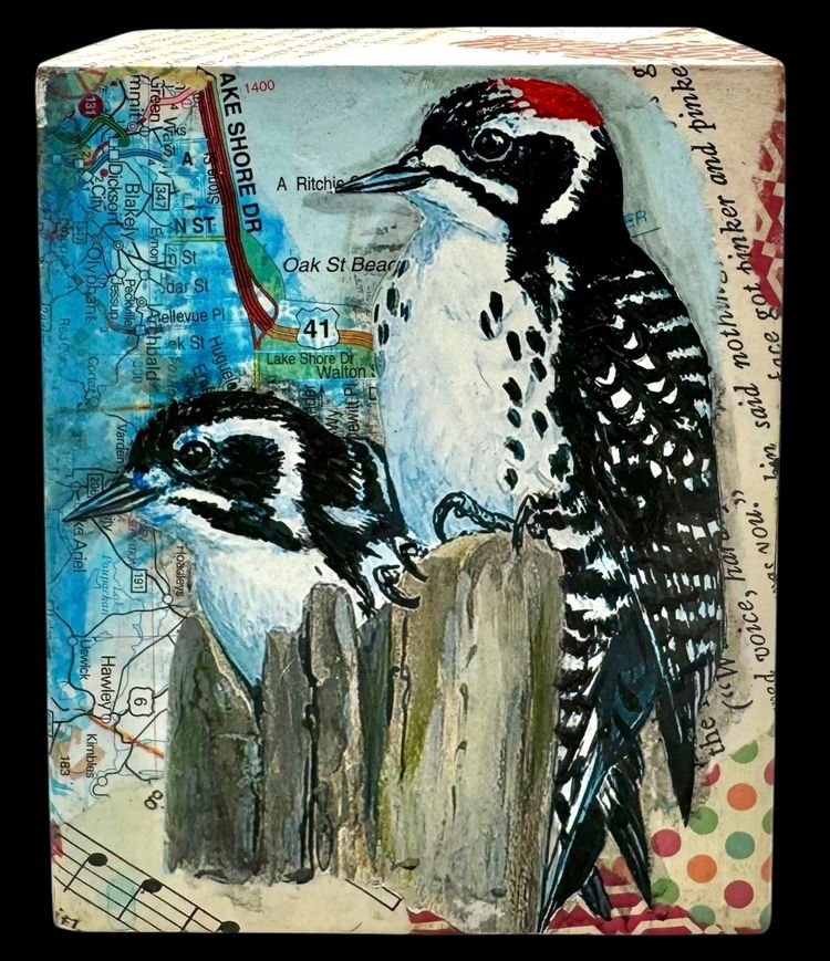 Handmade Abstract Collage Block Sculpture Woodpecker Bird Girl Sheet Music 5"