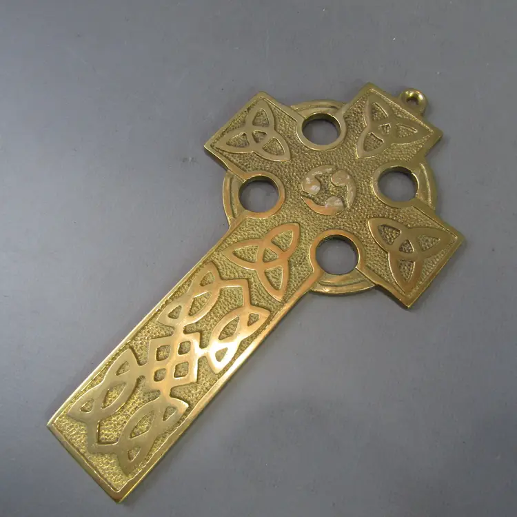 Liffey Artefacts Brass Celtic Cross 3.75" x 6.5" Trinity Knots Wall Hanging