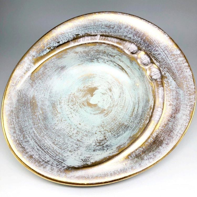 Stangl Pottery Safety Ashtray MCM Brushed Blue Gold Cigarette Vintage