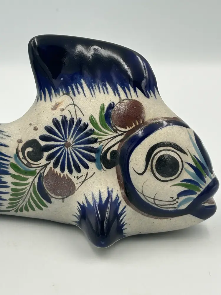 Tonala Made In Mexico, Pottery, Cobalt, Blue, And Florals Fish Figurine