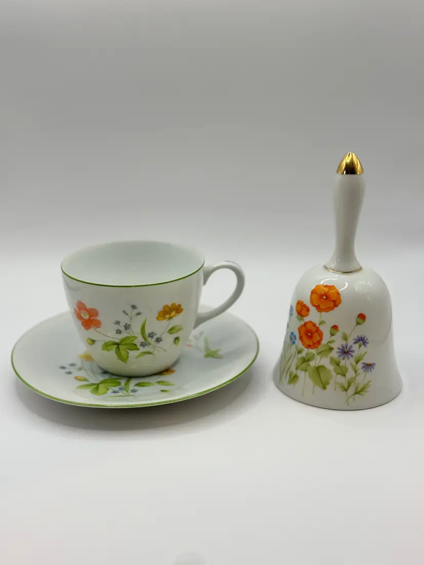 Vintage 1950’s  “April Flowers” Tea Cup, Saucer & Dinner Bell, Multicolor Floral Flower Motif Pattern Figurine Ceramic, By CastleCourt, Made In Japan, 3 Piece Set