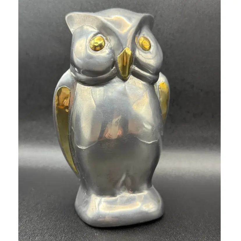 Vintage French Cast Metal With Brass Accents Owl Sculpture