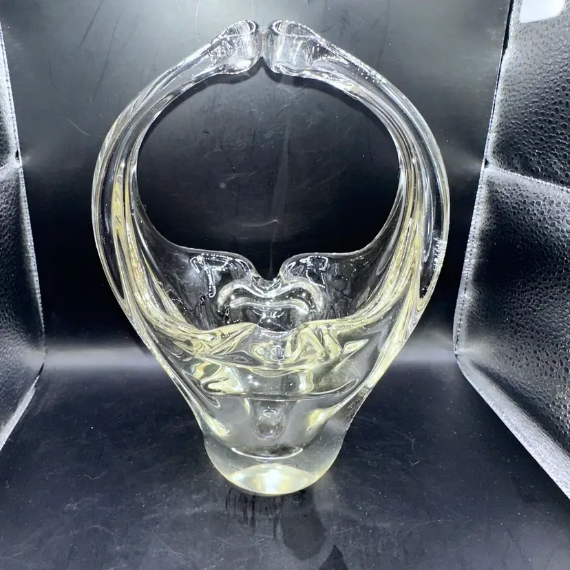 Vintage Murano Art Glass Basket Split Handled Hand Blown Clear Glass Ashtray