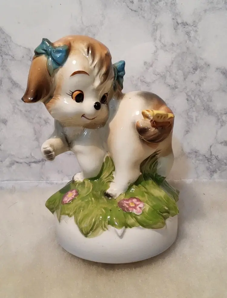 Kitschy Cute Lefton Puppy Musical Figurine