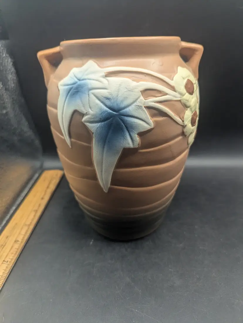 Vintage Roseville Pottery Luffa Flowers Vase 685-7 Brown Double Handle REPRODUCTION