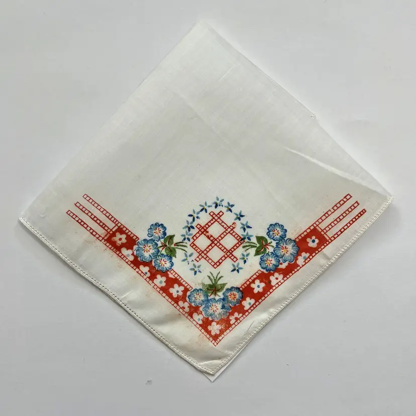 Stenciled Floral Linen Bridesmaid Handkerchief Cottage Core Granny Vintage