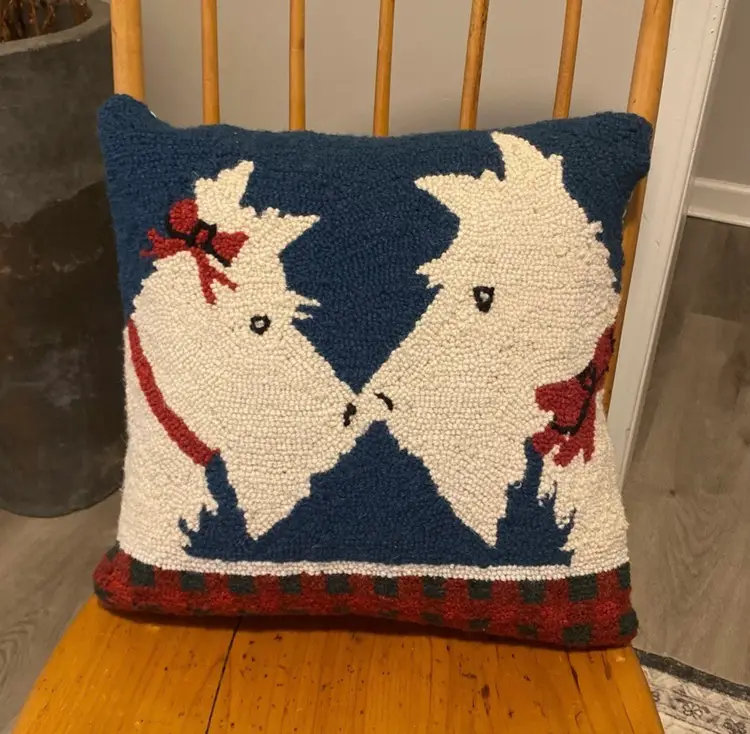 Wool Hooked White Scottie Dog Kisses Holiday Decorative Pillow 16" x 16" VTG