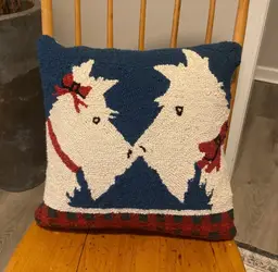 Wool Hooked White Scottie Dog Kisses Holiday Decorative Pillow 16" x 16" VTG