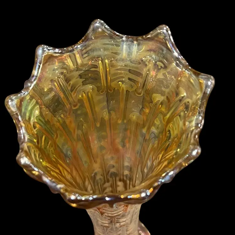Dugan Marigold Carnival Antique Glass Basket Pattern  Weave Marigold Glass Vase Flared Top Made in USA