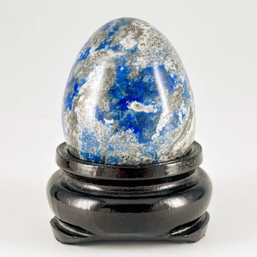 Natural Lapis Lazuli Polished Carved Egg on Wood Stand, Blue Minerals Chakra Healing
