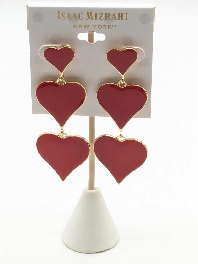 Isaac Mizrahi Red Heart Drop Gold Tone Pierced Earrings NWT