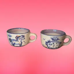 MA Hadley Pottery Stoneware Coffee Mugs/Tea Cups “The End" Horse & Pig 2.25”