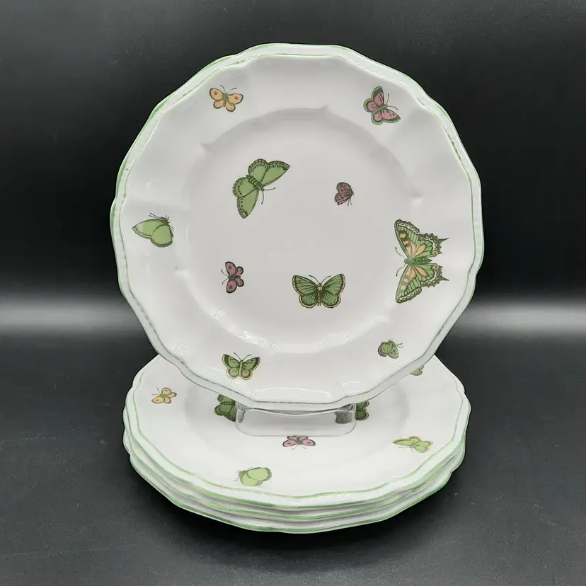 Vintage Crown Staffordshire Butterfly Green Scalloped Edge Salad Plates AS IS