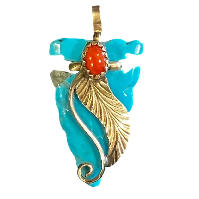 Navajo Turquoise And Coral Arrowhead Pendant