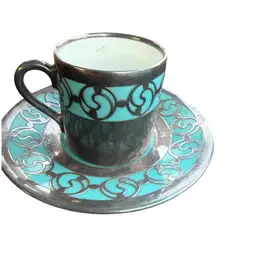 ROSENTHAL CHINA SILVER OVERLAY SPAHR 1000 10 DEMITASSE CUP SAUCER TURQUOISE