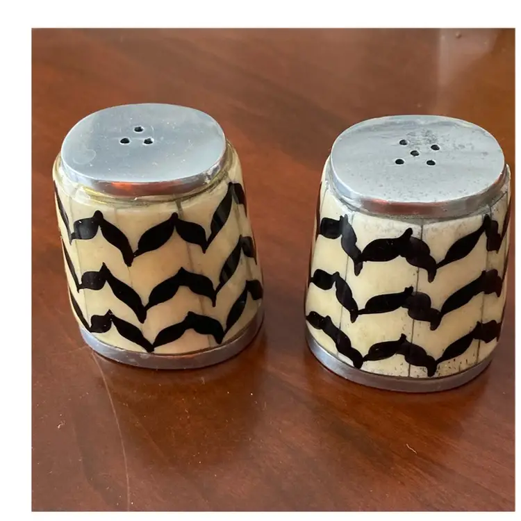 Rare Vintage Bone And Metal Salt And Pepper Shakers