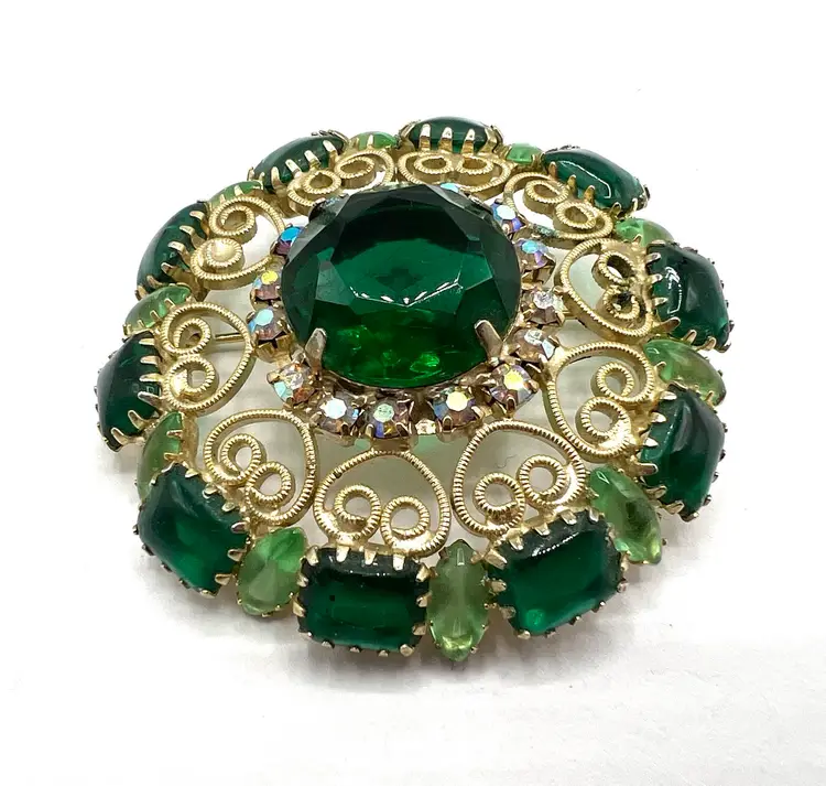 Vintage Juliana Green Rhinestone Brooch, 2 1/2 inch Domed Dark Green Stones, Layered Marquis, Gold Filigree Setting