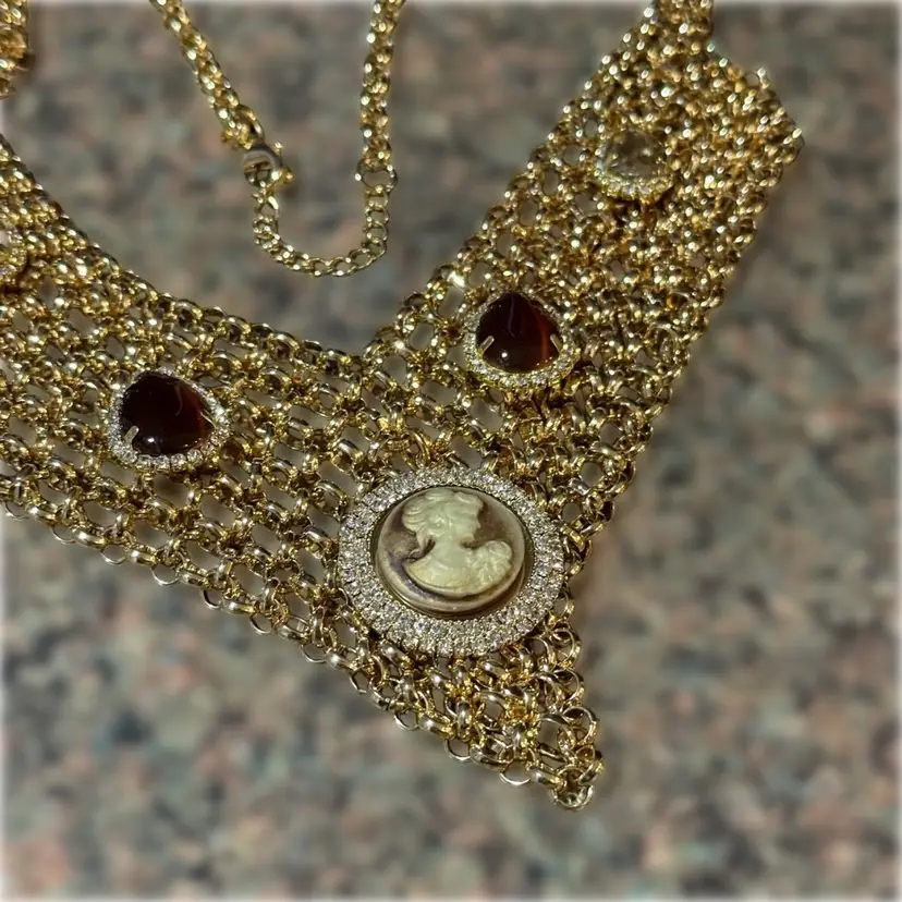 Chainmail Crescent Bib Statement Cameo Rhinestone Statement Goldtone Necklace  **UV Glow**