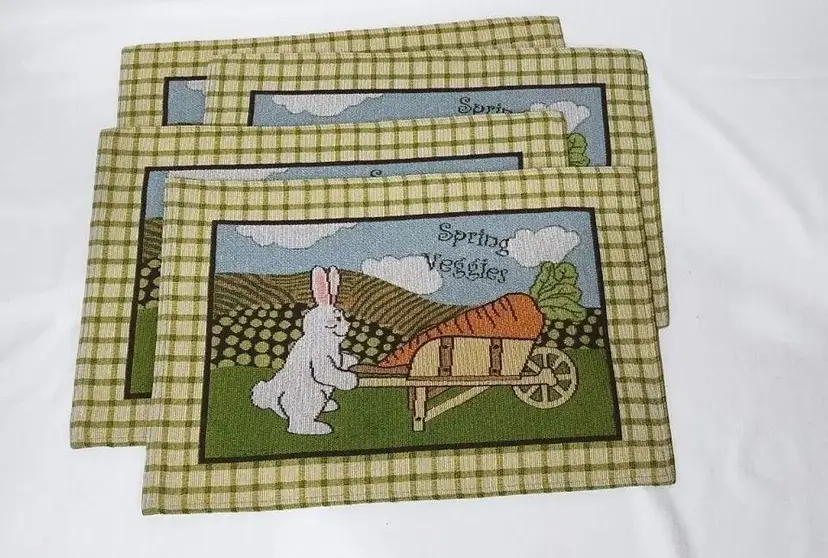 Vintage Set of 4 White Easter Bunny Spring Carrot Wheelbarrow Fabric Placemats