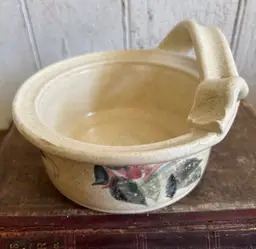 Handmade Pottery Small Bowl Dish With Applied Handle Cream Green Leaf Design Signed Studio Pottery