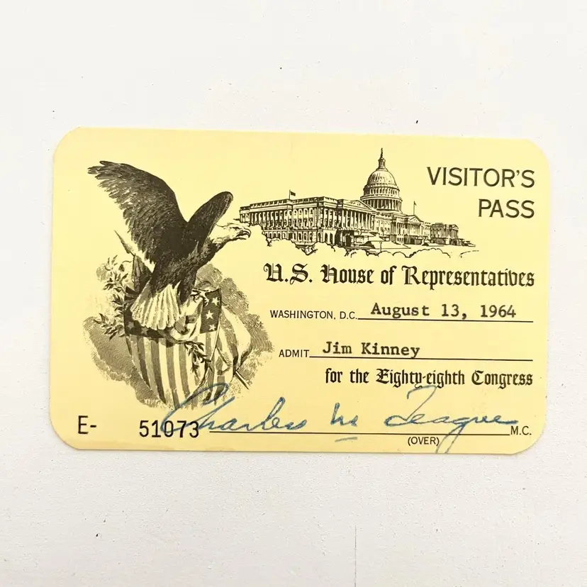 US House of Representatives Gallery Visitors Pass 88th Congress Signed Vtg 1960s